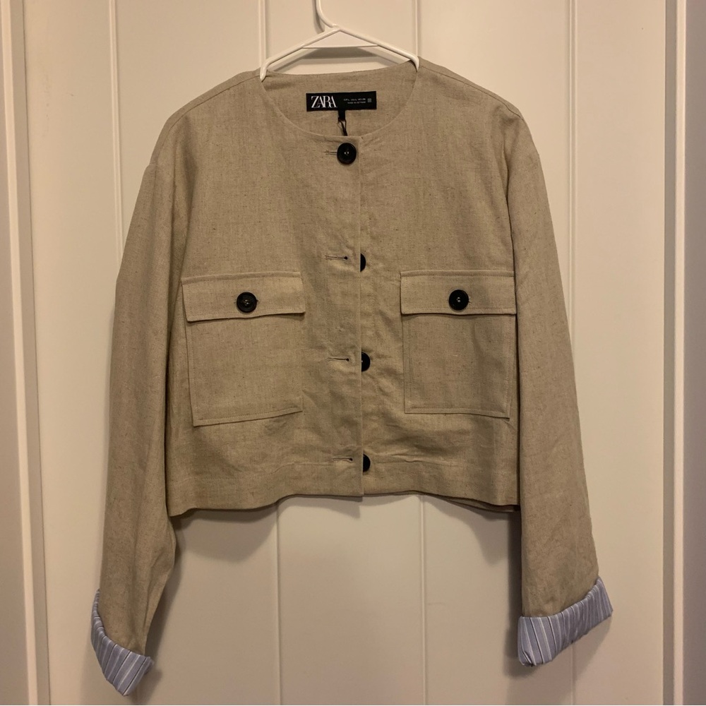 Zara Women's Beige Blazer with Blue Cuffs